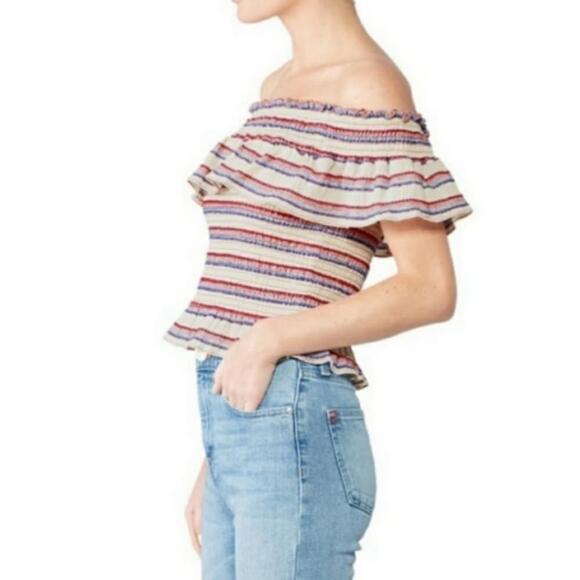 Parker Lizette Ruffle Off Shoulder Striped Top Large - Picture 3 of 6